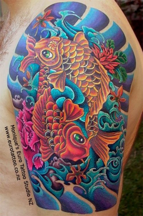 Amazing Colored Japanese Carp Fish Tattoo